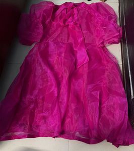 Vibrant Pink Organza Puff Sleeve Dress