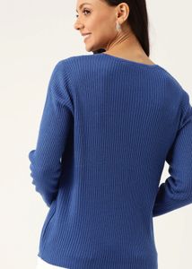 Blue V-Neck Ribbed Knit Top