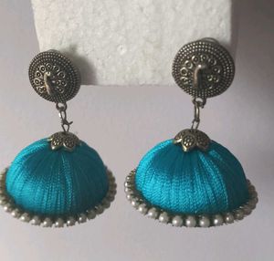 Turquoise Silk Thread Jhumka Earrings