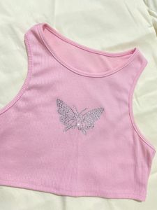 Pink Ribbed Crop Top with Rhinestone Butterfly
