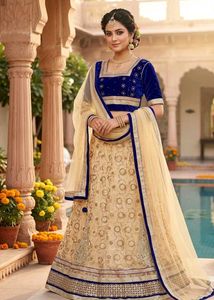 Elegant Royal Blue Velvet Blouse &amp; Net Lehenga