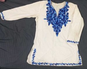 White Kurta with Blue Embroidery