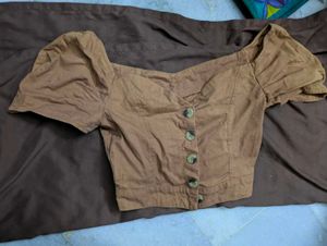 Chic Brown Puff Sleeve Button Top