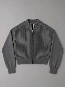CHARCOAL GREY RIBBED ZIP-UP CROPPED SWEATER