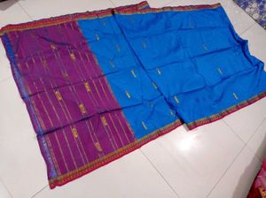 Vibrant Blue & Pink Saree with Gold Motifs