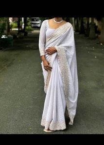 threadwork Pearl White Saree with Embellishments