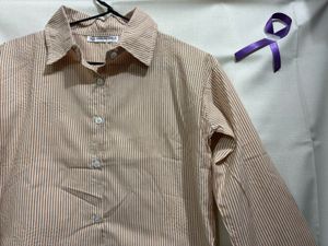 Women Brown Striped Collar Crop Shirt Top