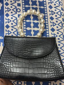 Chic Black Croc-Embossed Handbag with Pearl Handle