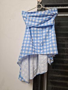 Blue &amp; White Gingham Off-Shoulder Top