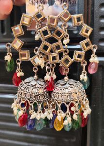 Boho Mirror & Crystal Jhumka Earrings