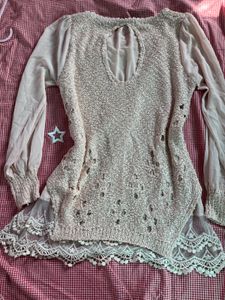 Sheer Sleeve Lace Trim Knit Top