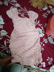 Cute Pink Polka Dot Ruched Mini Dress