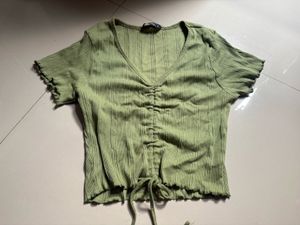 Green Ruched V-Neck Tee