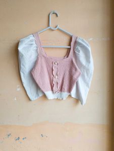 🤍Pink &amp; White Puff Sleeve Top🤍