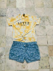 Tie-Dye Top & Floral Denim Shorts Set
