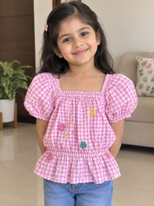 Pink Gingham Embroidered Puff Sleeve Top