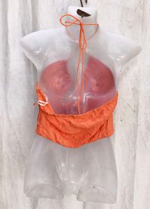 Orange Ruched Halter Neck Crop Top