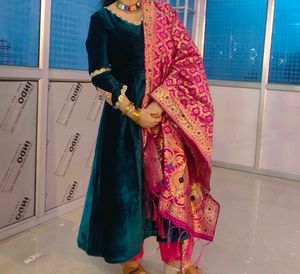 Elegant Ethnic velvet anarkali with bnarsi Shawl