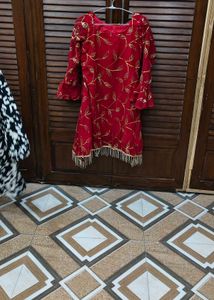Stunning Red Kurta with Gold Leaf Design