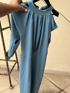 Blue Cold Shoulder Gathered Neck Dress