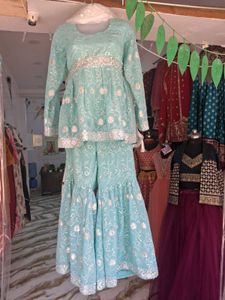 Light Blue Embroidered Kurta Sharara Set