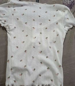 White Floral Print Henley Top