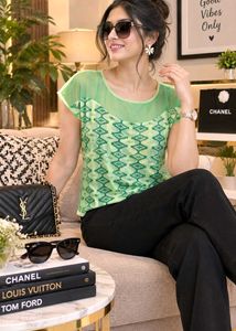 🇳🇿💫🎀Stylish Green Geometric Print Sheer Top