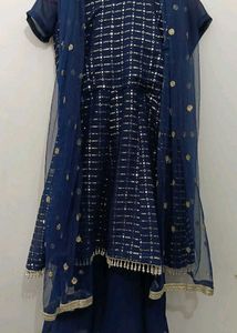 Navy Blue Sequined Kurta Plazoo Set with Dupatta