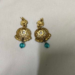 Elegant Gold Tone Earrings with Blue Beads