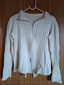 Cream Ribbed Zip-Up Cardigan