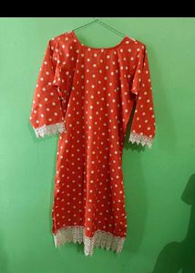 Elegant Red Polka Dot Kurta with Lace Detail