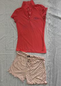 Coral Polo Shirt & Polka Dot Shorts Set