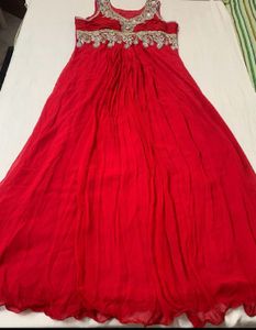 Red Long Flared Gown With Heavy Embroidery