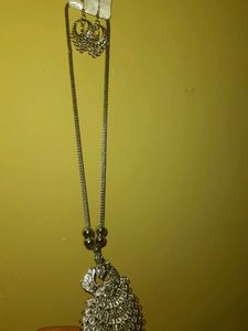 Silver Peacock Necklace And Earrings Set