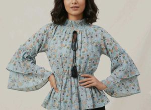 Light Blue Floral Bell Sleeve Top