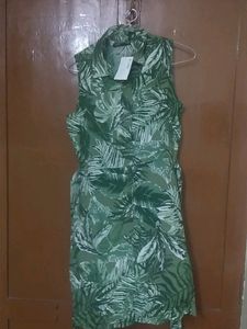 Defacto Green&amp;white Tropical Print Shirt Dress