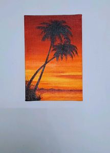 Hand–Painted Sunset Palm Tree Canvas Painting