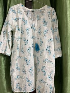 White Floral Print Cotton Kurta