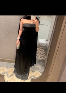 Elegant Black Strapless Gown with Cape