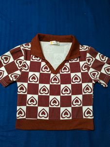 Brown Heart Ribbed Crop Polo