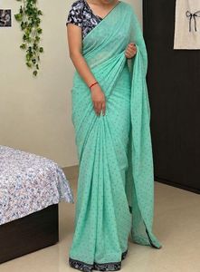 Beautiful Teal Saree with Polka Dots and Blouse