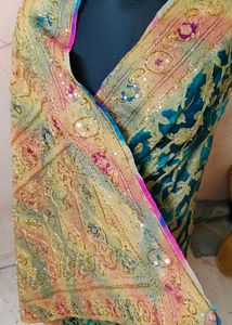 beautiful tissue fabric Embroidered Teal Blue Sare