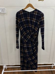 Navy blue &amp; Brown Plaid Long Sleeve Midi Dress