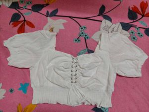White Lace-up Puff Sleeve Top