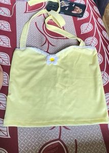 Yellow Halter Neck Crop Top with Flower Detail