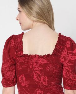 Chic Red Floral Smocked Crop Top