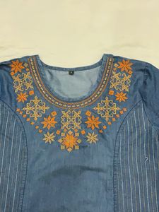 Stylish Embroidered Denim Kurta