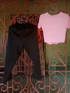 Black Pant With Belt And Pink Ribbed Crop Top