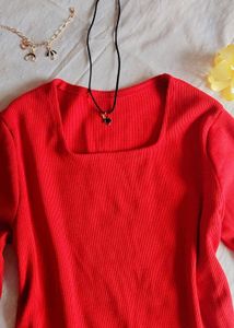 Vibrant Red Ribbed Square Neck Top