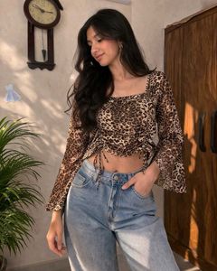 Y2K Leopard Print Long Sleeve Ruched Top